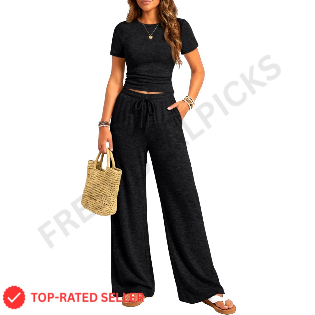 Wide Leg Lounge Set Soft Fabric Crew Neck Tee Flowy Pants Matching Sweatsuit